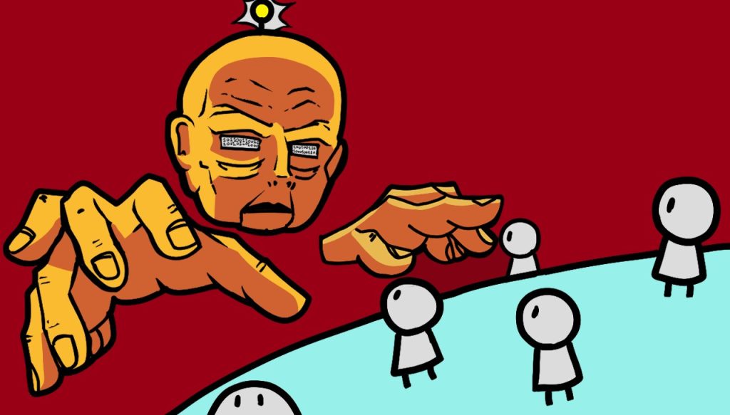 Isopäähahmo (robotti) ja kädet ikäänkuin ohjailee pieniä hahmoja.