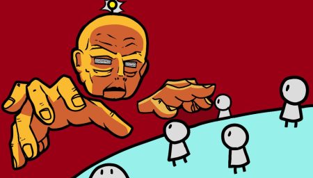 Isopäähahmo (robotti) ja kädet ikäänkuin ohjailee pieniä hahmoja.