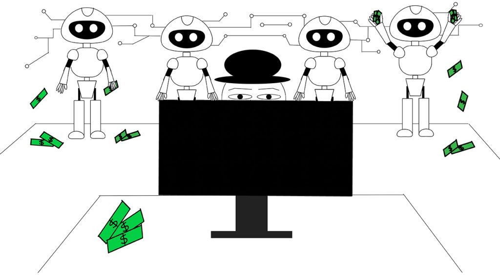 Piirroskuva, jossa robotteja ja henkilö katsoo tietokoneen monitoriin.