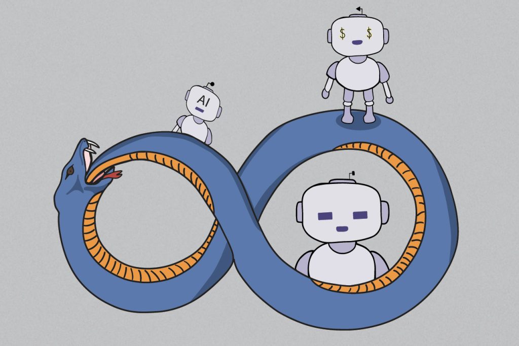 Piirroskuva, jossa käärme ahmaiseen itseään ja robotteja käärmeen päällä.
