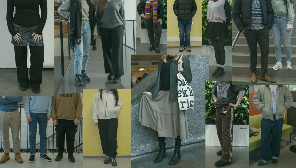 Opiskelijoita poseeraa ja esittelevät vaatetyyliäänsä.
