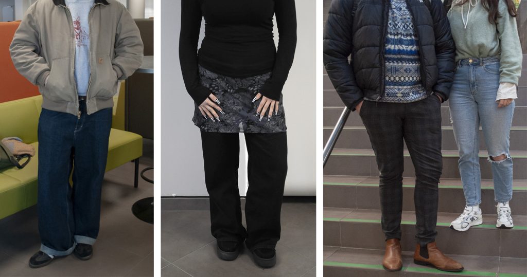 Opiskelijoita poseeraa ja esittelevät vaatetyyliäänsä.