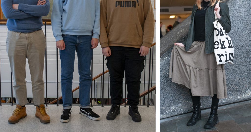 Opiskelijoita poseeraa ja esittelevät vaatetyyliäänsä.