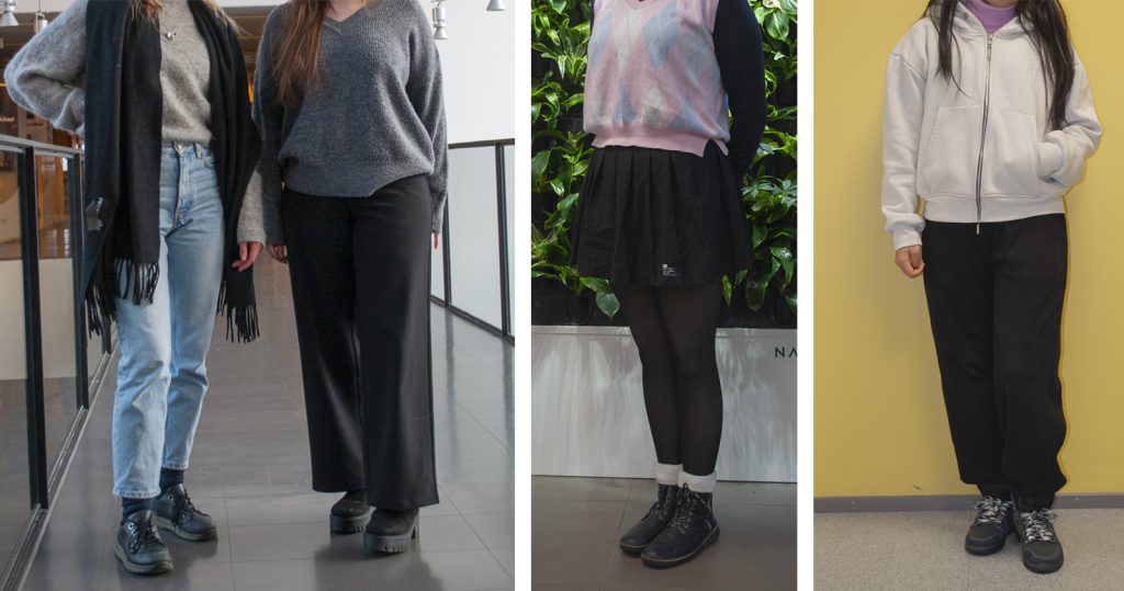 Opiskelijoita poseeraa ja esittelevät vaatetyyliäänsä.